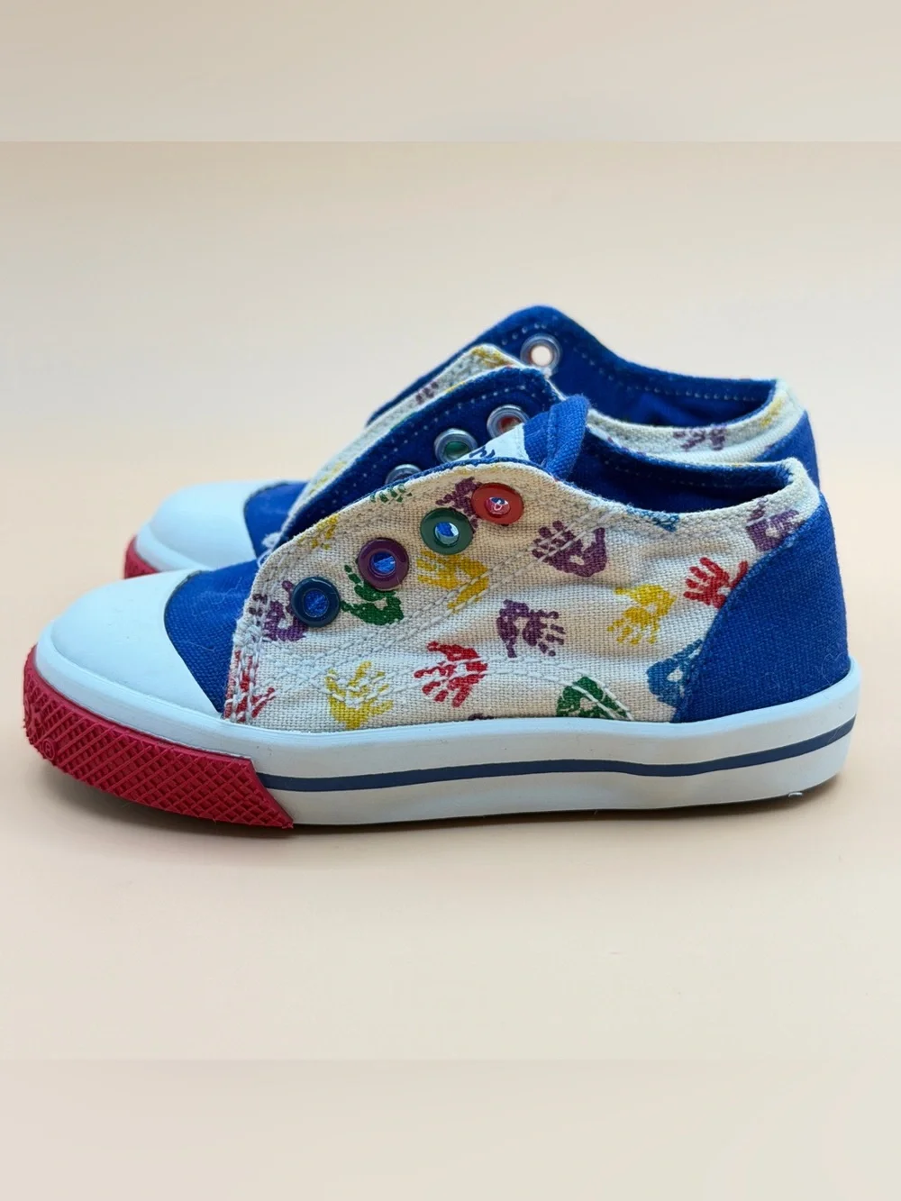 Gerber Toddler Sneakers Blue Multicolor Handprint Canvas Size 4 No Laces VTG